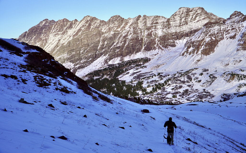 Hiking down from West Maroon Pass back to our campsite in October 2021. {768x496}